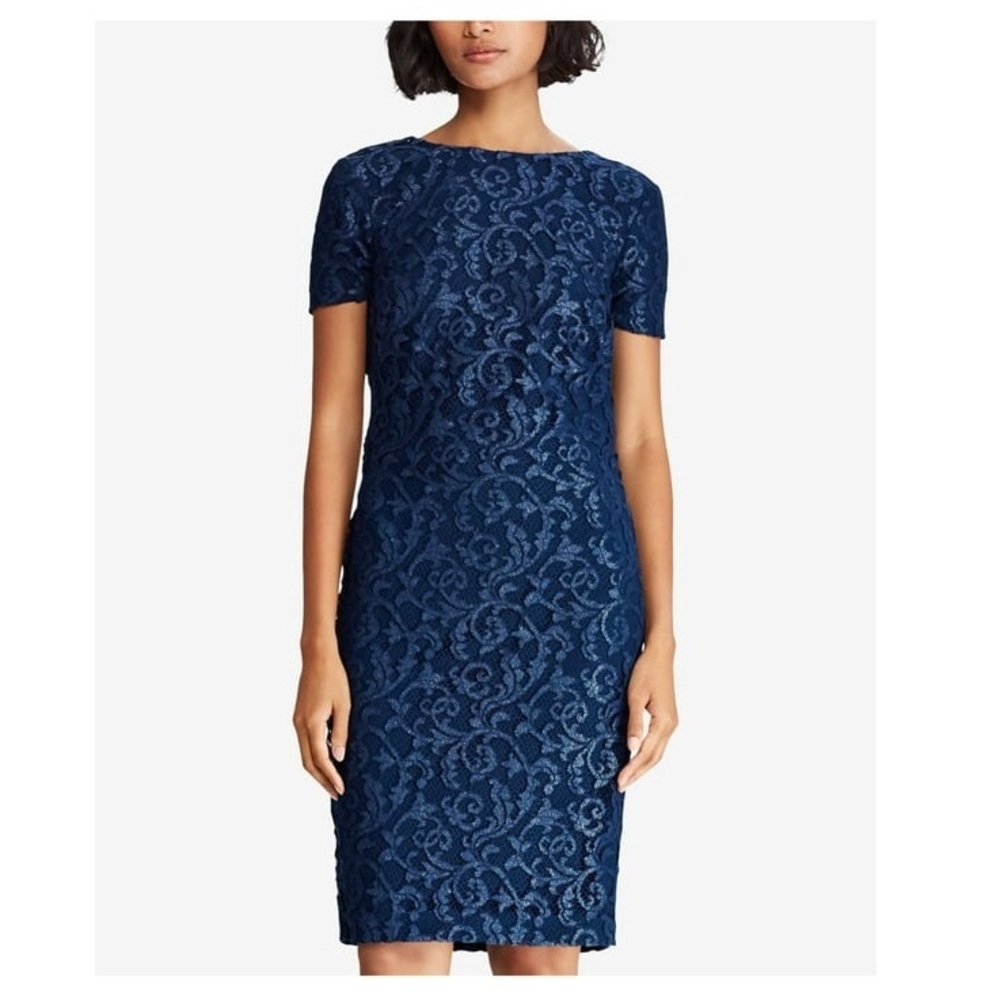 Lauren Ralph Lauren Womens Fit Lace Dress 8 Navy Blue Lined Sleeveless